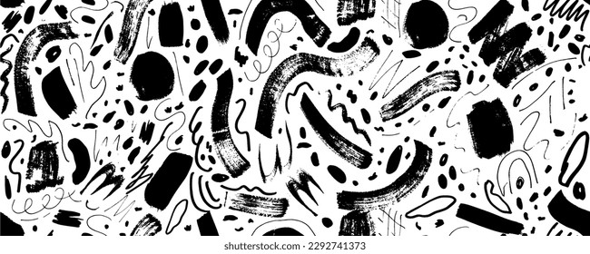Brush curly lines seamless pattern. Pencil squiggles ornament. Squiggles brush strokes vector background. Hand drawn marker scribbles, curved lines. Black pencil sketches.  