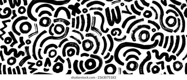 Brush curly lines seamless pattern. Pencil squiggles ornament. Scribble brush strokes vector background. Hand drawn marker scribbles, curved lines, circles. Black pencil sketches. Squiggles and daubs