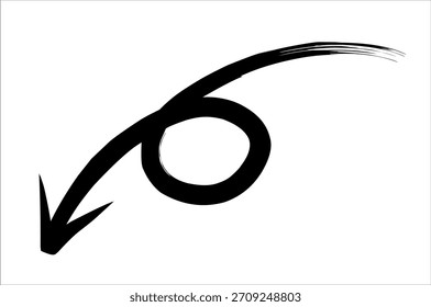 Ilustração da seta para baixo da curva do pincel. seta desenhada à mão preta com traçado de pincel em negrito para realce, direção, navegação, marcador e elemento decorativo.