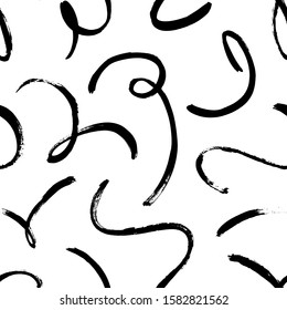 Brush curved and wavy lines vector seamless pattern. Repeating abstract background with chaotic random waves, lines and curls. Modern stylish ink texture. Freehand brush strokes. Smears on fabric