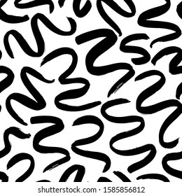 Brush curved and wavy lines vector seamless pattern. Repeating abstract background with chaotic random waves, lines and curls. Modern stylish ink texture. Freehand brush strokes. Smears on fabric