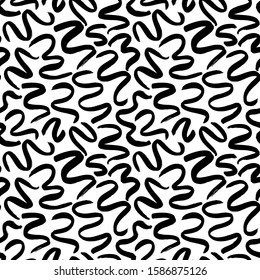 Brush curved and wavy lines vector seamless pattern. Repeating abstract background with chaotic random waves, lines and curls. Modern stylish ink texture. Freehand brush strokes. Smears on fabric