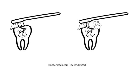 Brush Day. Cartoon drawing toothbrush and paste. For wash your teeth and molar. Vector toothpaste and tube icon. Teeth brush or tooth brush icon. Dental, mouth hygiene symbol.  