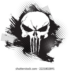 brush dirty paint halftone grunge skull art design Art skull and Bones icon punisher. Element of crime and punishment style illustration, T-Shirt graphics famous, vector icon isolated white