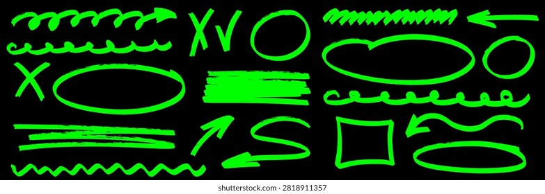 Brush doodles and pen scribbles where marker highlight meets bold arrow lines. Circle shapes and underlines pulse with energy as every marker line adds highlight.