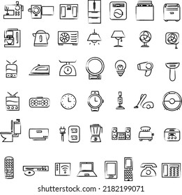 Brush drawing illustration icon set of home appliances daily necessities
