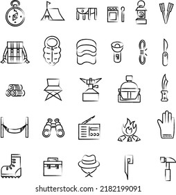 Brush drawing illustration icon set of camping equipment