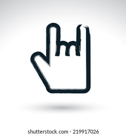 Brush drawing love rock simple vector icon, hand-painted rocker symbol, isolated on white background. Rock hand gesture created with real hand drawn ink brush, scanned and vectorized.