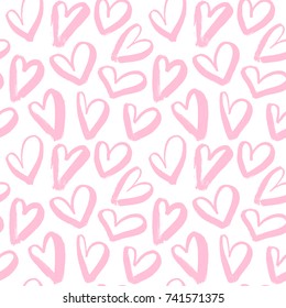 Brush drawing pink hearts big seamless pattern