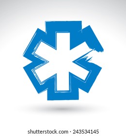 Brush drawing simple blue ambulance symbol, medicine icon, created with real hand drawn ink brush scanned and vectorized. 