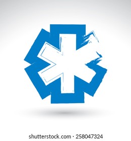 Brush drawing simple blue ambulance symbol, medicine icon, created with real hand drawn ink brush scanned and vectorized. 