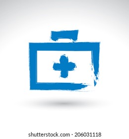 Brush drawing simple blue first aid kit, medicine icon, created with real hand drawn ink brush scanned and vectorized. 
