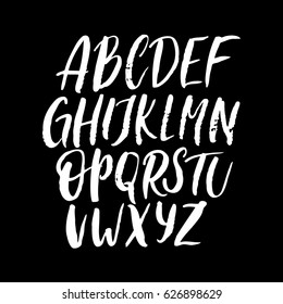 Brush drawn ABC. Uppercase English / Latin lettering alphabet. Textured brush handwritten script, font, typeface, typeset. Calligraphic / typographic vector illustration.