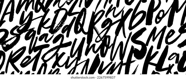 Brush drawn alphabet letters seamless pattern. Modern brush calligraphy ornament. Lowercase and uppercase letters, hand drawn typography abstract background. Alphabet in random order, mix of signs.
