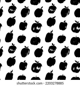Vector de manzanas dibujadas de pincel, patrón sin fisuras. Resumen de fondo repetido con textura de pincel seco. Frutas esbozan ilustración negra. Dibujo de manzanas con tinta negra. Esbozar ilustración de alimentos vectoriales.
