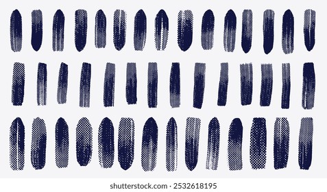 Brush drawn black paint, vector ink bold brush stroke, line or halftone texture set. Collection of template grunge dirty artistic design element. Halftone texture box, frame for text, print, collage.