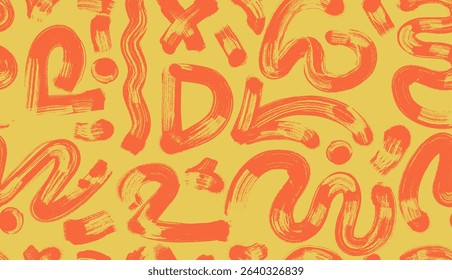 Brush drawn bold geometric shapes, black and white asterisks, arrows, circles seamless pattern. Squiggle thick lines, curly grunge for banner, print or collage. Seamless style rough symbols, shapes.