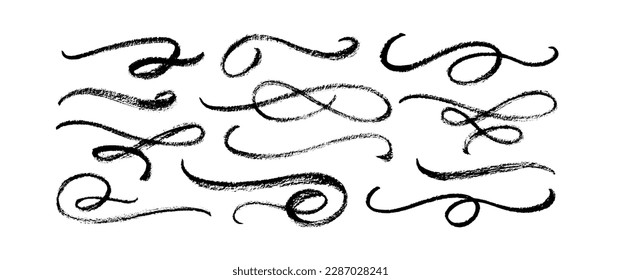 Brush drawn bold swooshes and flourish collection. Vector black paint wavy lines. Ornate swirl swashes, decorative flourish dividers. Modern elegant curly swishes and vector swirls.