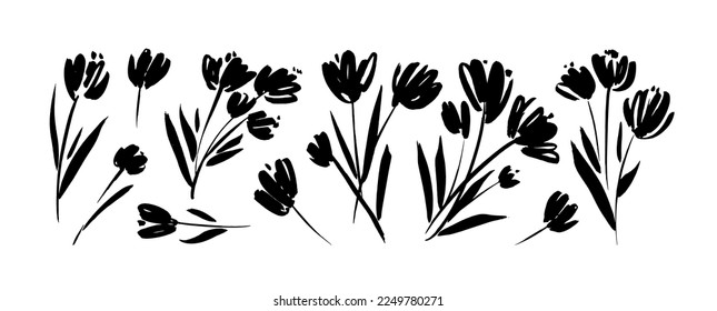 Brush drawn bouquets isolated on white background. Vector abstract floral elements. Modern small graphic flowers on stems collection. Hand drawn black tulips. Sketch and loose style. 