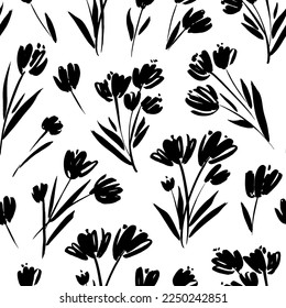 Brush drawn bouquets seamless pattern. Vector abstract floral textile ornament. Modern pattern with small graphic flowers on stems. Sketch and loose style. Monochrome botanical print.