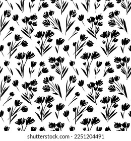 Brush drawn bouquets seamless pattern. Vector abstract floral textile ornament. Modern pattern with small graphic flowers on stems. Sketch and loose style. Monochrome botanical print.