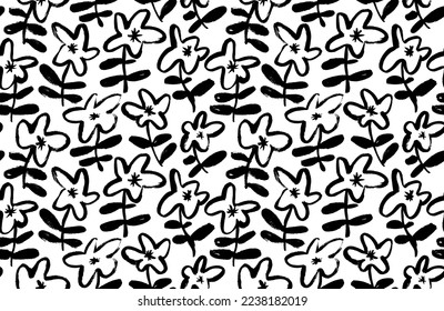 Brush drawn chamomile flowers seamless pattern. Ink drawing daisies with stems and leaves. Simple abstract botanical ornament. Freehand sketch style. Naive style flowers with leaves and stems.