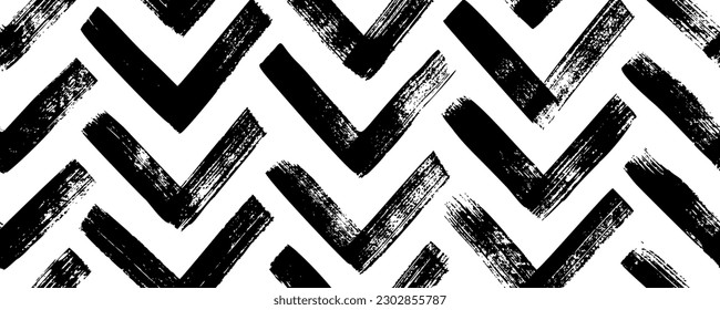 Brush drawn chevron seamless banner. Sketchy style zigzag motif. Vector ink background with rough bold stripes. Tribal ethnic vector texture. Aztec style ornament. Geometric chevron abstract pattern.