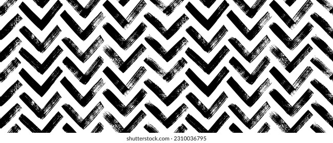 Banner impecable de chevron dibujado con pincel. Motif zigzag de estilo esquemático. Fondo de tinta vectorial con rayas gruesas. Textura vectorial étnica tribal. Ornamento de estilo azteca. Patrón abstracto de chevron geométrico.