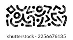 Brush drawn circles and curved lines. Geometric elements isolated on white background. Thick geometric brush strokes. Wavy and curly lines, round shapes, vector shapes. Bold stripes, abstract forms.