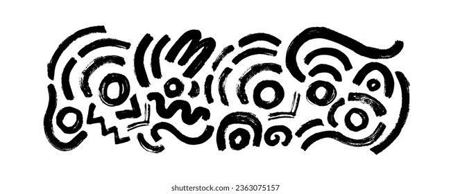 Brush drawn circles and curved lines. Geometric elements isolated on white background. Thick geometric brush strokes. Wavy and curly lines, round shapes, vector shapes. Bold stripes, abstract forms.