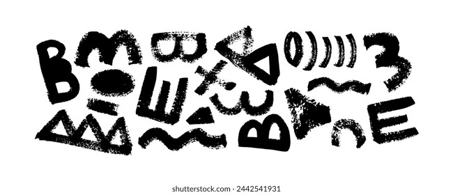 Brush drawn circles and curved lines. Geometric elements isolated on white background. Thick geometric brush strokes. Wavy and curly lines, round shapes, vector shapes. Bold stripes, abstract forms.