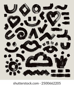 Brush drawn circles and curved vector lines. Geometric abstract black elements. Template thick geometric brush strokes. Wavy and curly round shapes, lines, design shapes. Bold stripes, abstract forms.