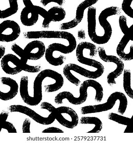 Brush drawn circles, grunge curved lines seamless pattern. Bold geometric dry brush strokes. Wavy, curly lines, round shapes, shapes. Black stripes, abstract forms. Geometric abstract vector elements.
