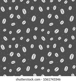 Brush drawn coffee beans and spray grunge texture seamless repeat pattern.  Uneven textured edge. Black and white vector background for coffee house. Specks, flecks, spots, dots, drops texture.