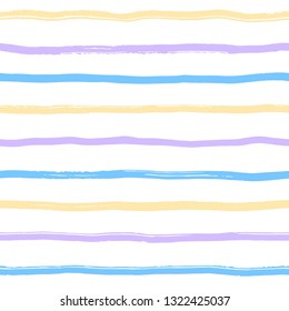 Brush drawn colorful uneven textured stripes, strokes seamless repeat vector pattern. Doodle style uneven bars, streaks, wavy lines with rough edges texture. Yellow, blue, violet striped background.