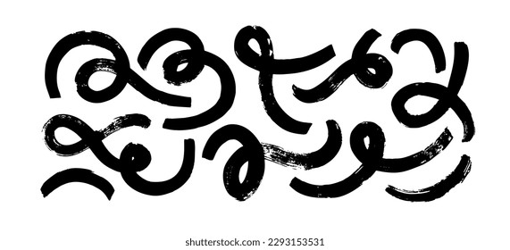 Brush drawn curly lines and squiggles. Vector bold brush strokes with loops. Messy doodles, bold curved lines illustration. Calligraphy Japanese smears. Hand drawn curved grunge strokes. 