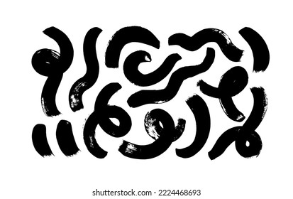 Brush drawn curved lines isolated on white background. Memphis style hand drawn elements. Biological grunge squiggle lines. Set of chaotic vector black and white bold swirls.