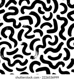 Brush drawn curved lines seamless pattern. Memphis style hand drawn background. Biological grunge squiggle lines, structure of natural cells. Chaotic vector black and white decorative texture.