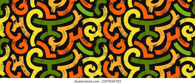 Pincel de líneas curvas dibujadas con un patrón sin fisuras. Banner de varias líneas de negrita curvadas y formas. Patrón sin costura, laberinto, laberinto o motif. Fondo de color brillante dibujado a mano.