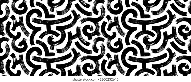 Brush drawn curved lines seamless pattern. Various curved bold lines and shapes banner. Geometric vector seamless pattern, maze, labyrinth or meander motif. Hand drawn grunge brush strokes.