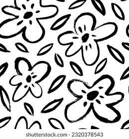 Brush drawn daisy flower seamless pattern. Naive or primitive style of chamomiles, children drawing. Simple flowers with leaves. Roses, peonies and chrysanthemums black vector silhouettes.