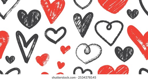 Brush drawn doodle heart shapes seamless pattern. Romantic print for valentines day. Great for textile, fabric, wallpaper, wrapping, scrapbook and packaging