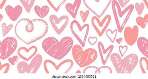 Brush drawn doodle heart shapes seamless pattern. Romantic print for valentines day. Great for textile, fabric, wallpaper, wrapping, scrapbook and packaging