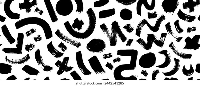 Brush drawn doodle shapes seamless pattern. Arrows, crosses, swirls and dots with dry brush texture. Banner background with trendy graffiti style elements. Hand drawn various shapes.