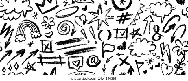 Brush drawn doodle shapes seamless pattern. Hearts, crowns, arrows, crosses, swirls and dots with dry brush texture. Banner background with trendy graffiti style elements. Hand drawn various shapes.