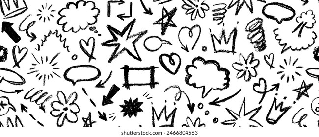 Brush drawn doodle shapes seamless pattern. Hearts, crowns, arrows, crosses, swirls and dots with dry brush texture. Banner background with trendy graffiti style elements. Hand drawn various shapes.