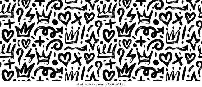 Brush drawn doodle shapes seamless pattern. Hearts, crowns, arrows, crosses, swirls and dots with dry brush texture. Banner background with trendy graffiti style elements. Hand drawn various shapes.