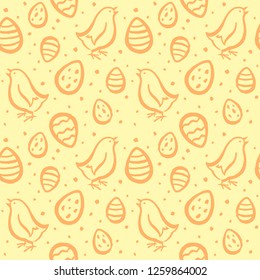 Brush drawn doodle style Easter seamless repeat vector pattern. Cute outline chicken, chick, painted eggs, speckles chaotic texture. Uneven artistic edge. Happy Easter yellow and orange background.