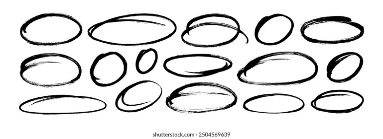 Brush drawn ellipses, ovals and bubbles to circle and highlight text. Handdrawn marker emphasis elements. Doodle style geometric round outline shapes. Vector ink illustration. Rough crayon circles.