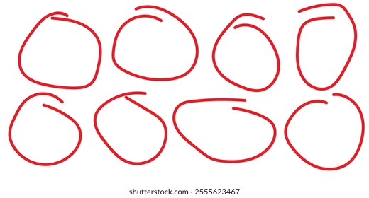 Brush drawn ellipses, ovals and bubbles to circle and highlight text. Handdrawn marker emphasis elements. Doodle style geometric round outline shapes. Vector ink illustration. Rough crayon circles